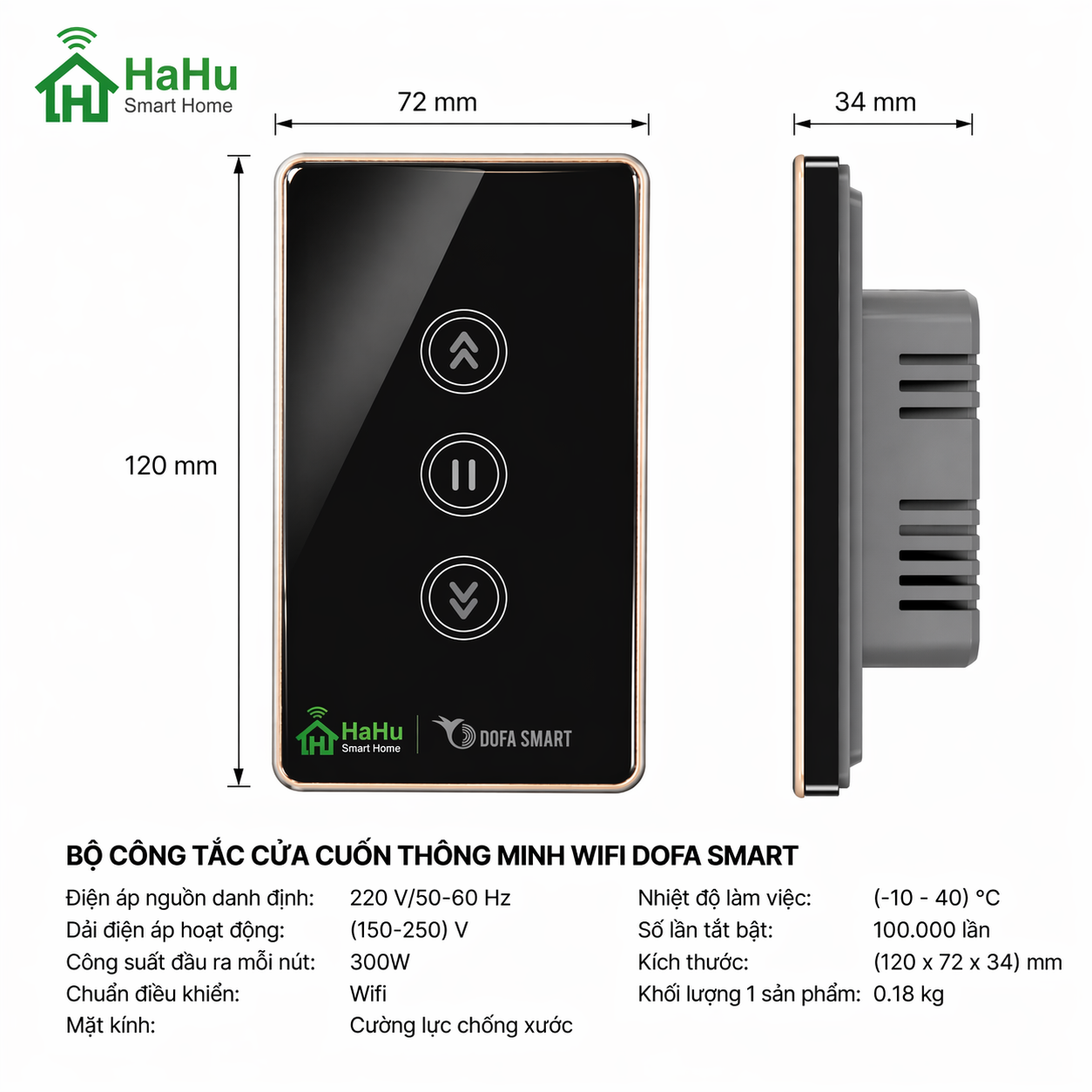 Bộ công tắc cửa cuốn thông minh wifi DOFA SMART Màu Đen