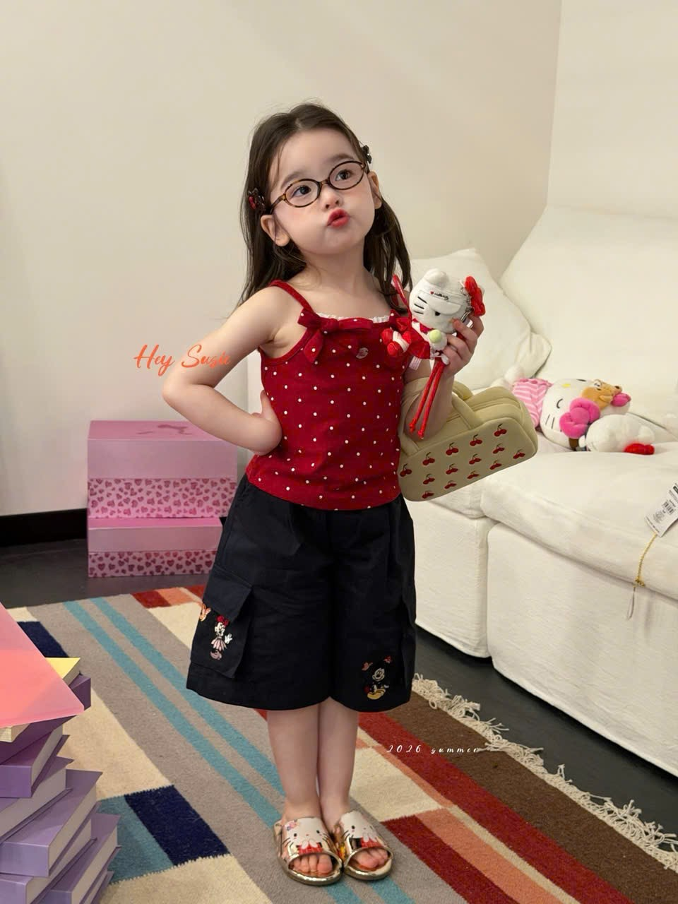 HS23 - Áo 2 dây đỏ chấm bi đính nơ hãng Hey Susie