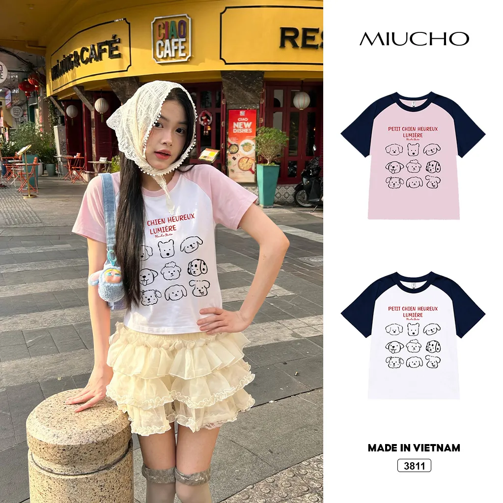 Áo thun nữ babytee phối tay raglan Puppy dễ thương năng động Miucho 3811