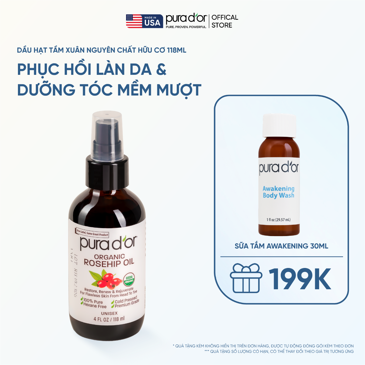 Dầu Hạt Tầm Xuân Nguyên Chất Hữu Cơ Pura D'or Organic Rosehip Seed Oil  – Giúp Phục Hồi Làn Da & Dưỡng Tóc Mềm Mượt 118ml