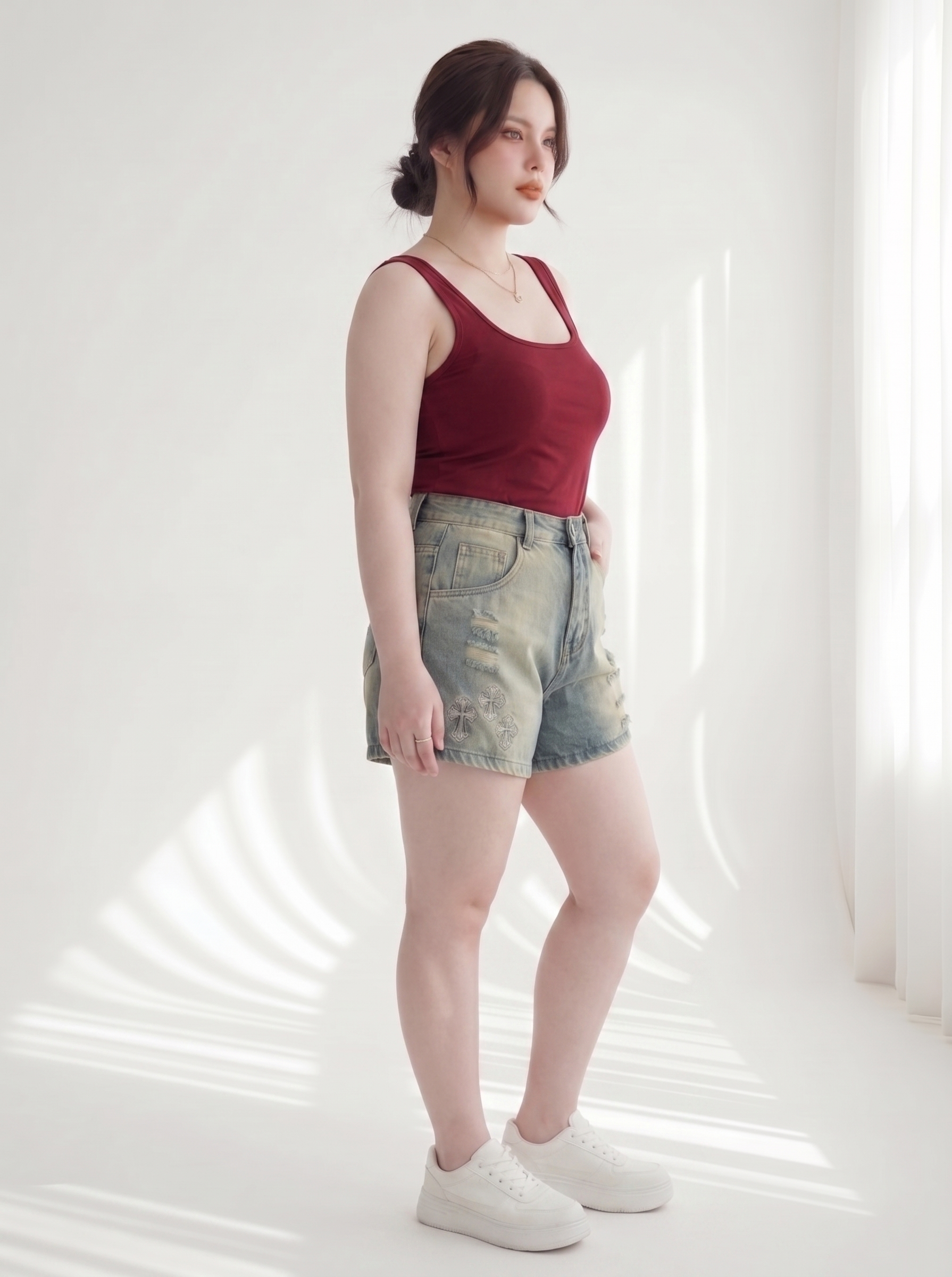 Quần Short Jean Lưng Thun Thêu Chữ Thập Bigsize Gọn Đùi - Xanh Đậm/Xanh Bụi - Vừa 55-90kg - T-QSJ1318_thumbnail_5