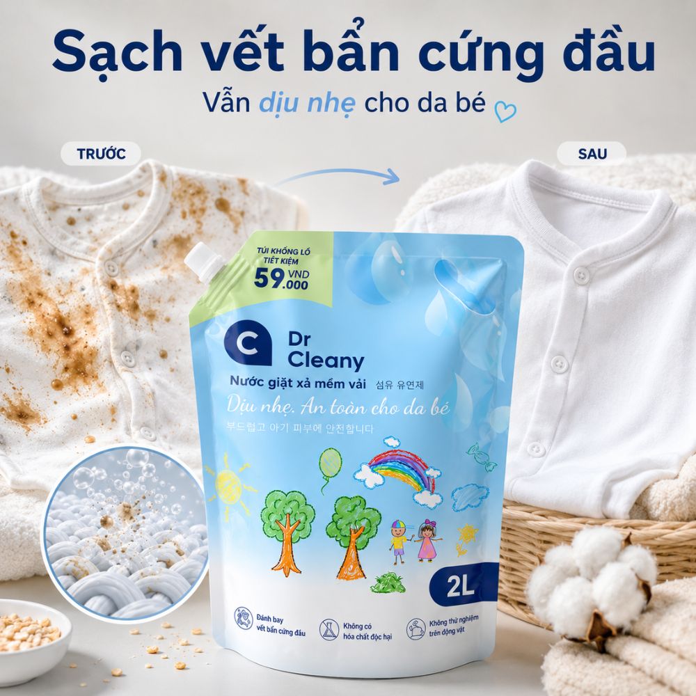 1 Thùng 4 Túi Nước Giặt Cho Bé Dr. Cleany 2kg Công Nghệ Hàn Quốc_thumbnail_2