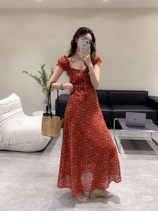 Lucas - Váy hoa cộc tay cổ vuông buộc nơ tay bồng dáng dài UME_thumbnail_1