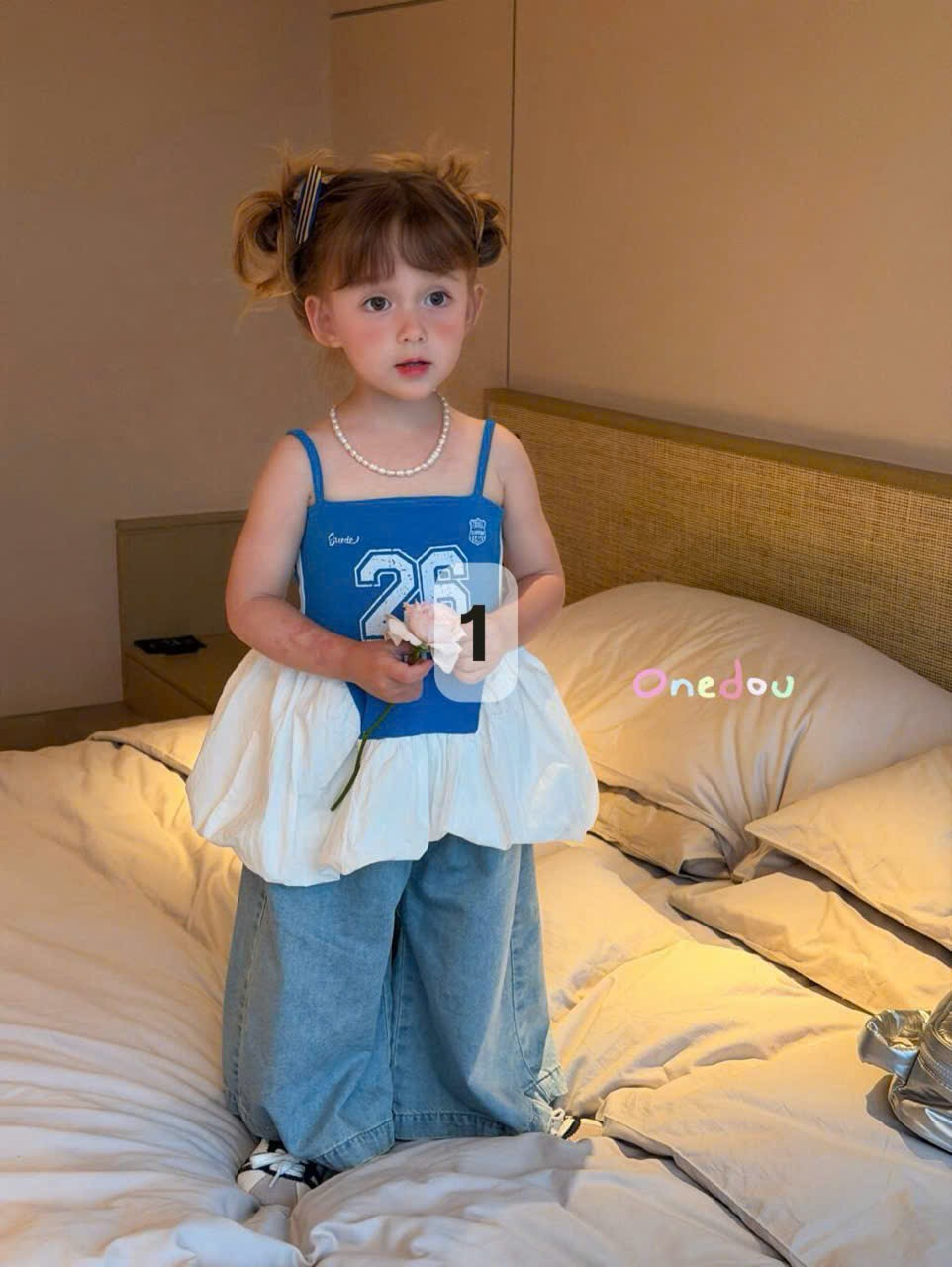 OD16 - Áo cotton 2 dây in số phối bèo voan màu xanh hãng Onedou