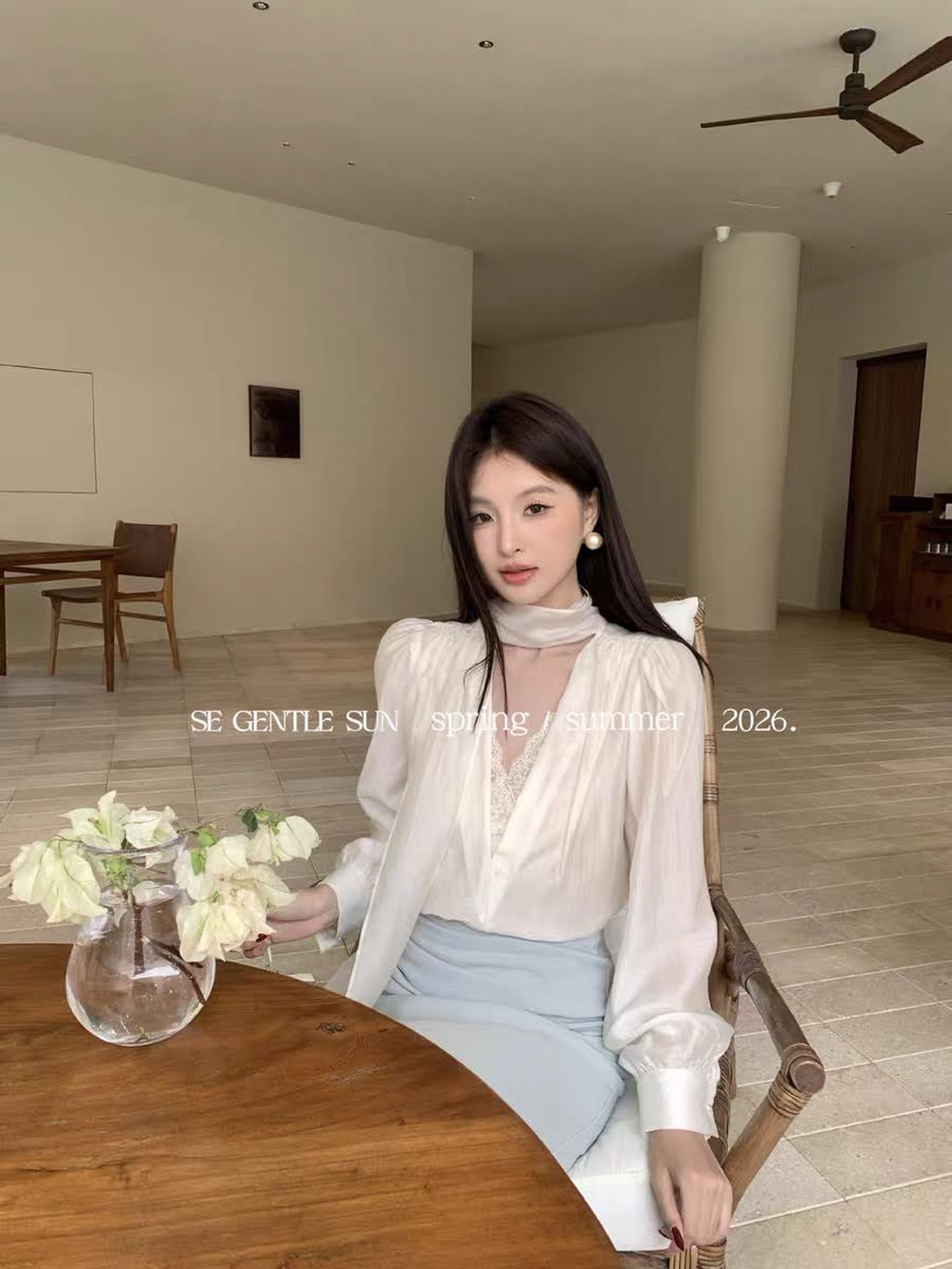 Áo sơ mi voan cổ tim khoét sâu phối ren ngực SE GENTLE SUN + dây vải_thumbnail_4