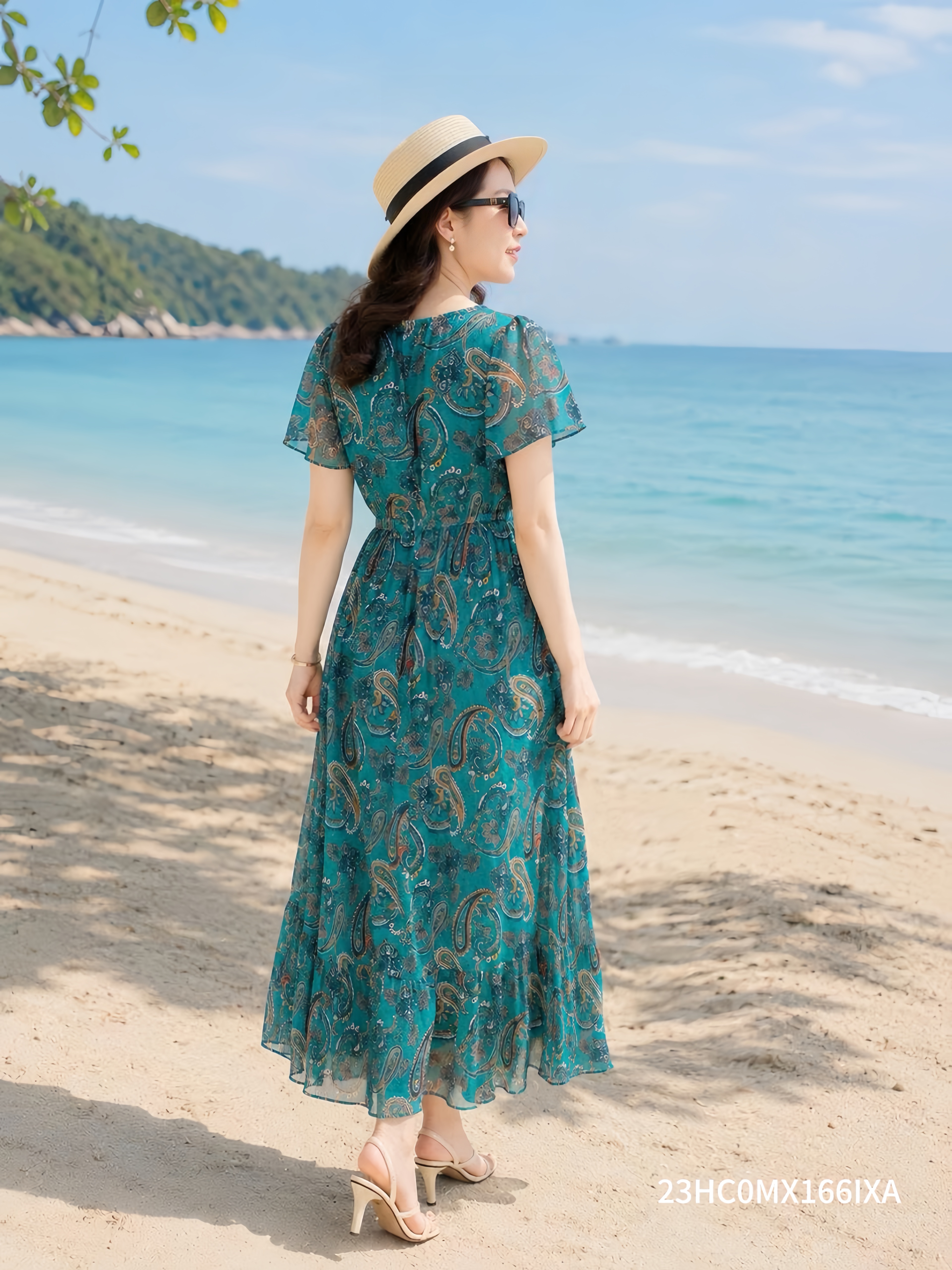 Đầm Maxi vải voan xanh họa tiết Paisley cách điệu_thumbnail_2
