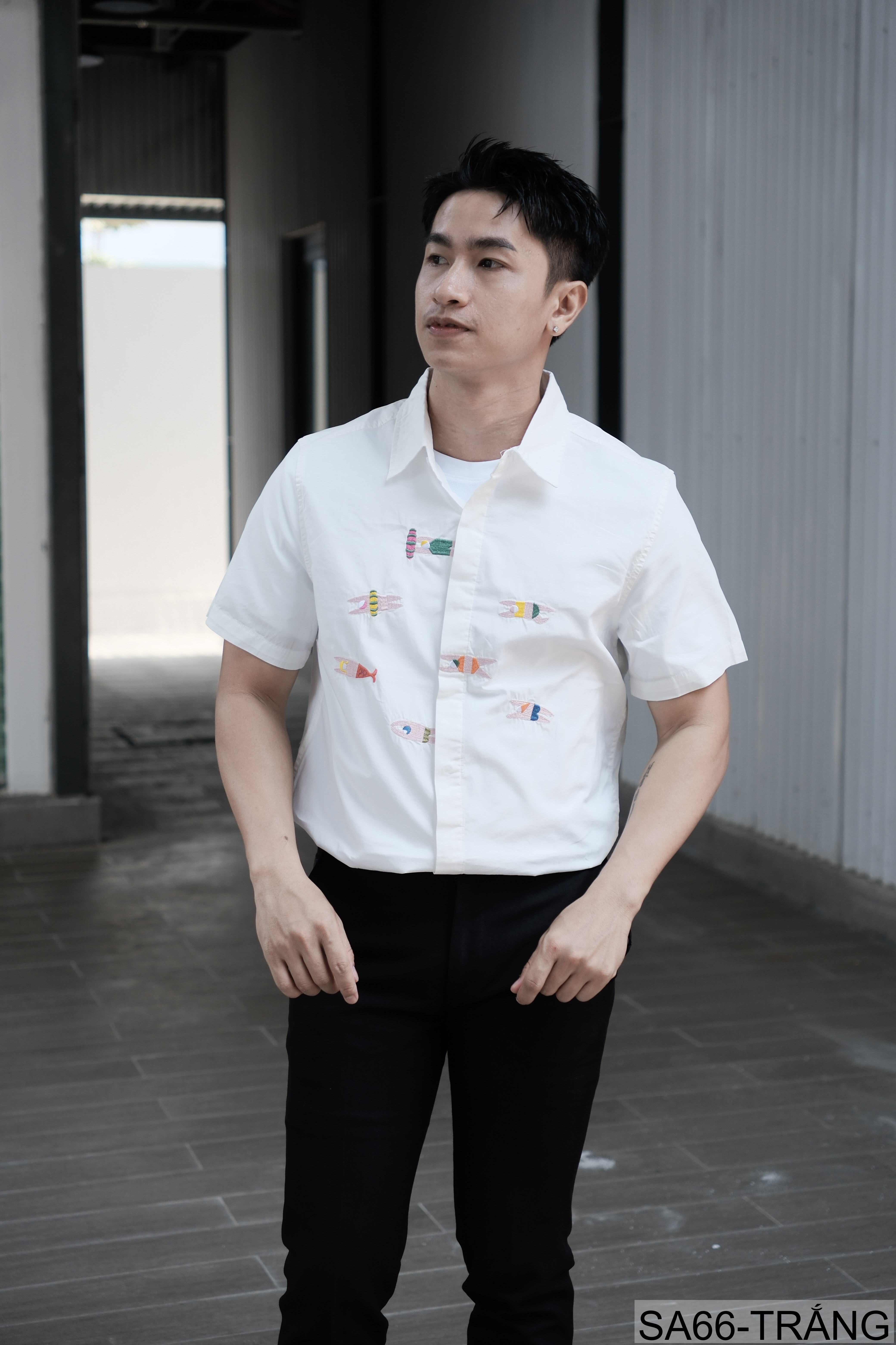 SA66 - Áo sơ mi nam ngắn tay thêu cá kiểu Nhật, cotton 100%, form rộng thoải mái, phong cách tươi mới