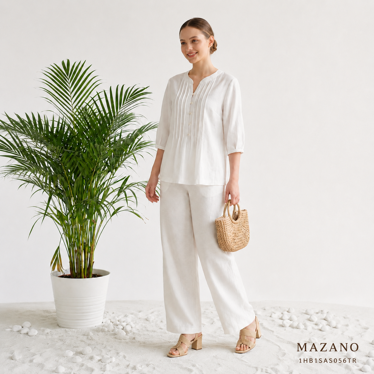Áo sơ mi tunic vải linen trắng dáng suông cổ tàu cách điệu tay lỡ thiết kế MAZANO