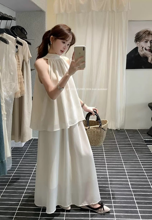 Lucas - Set áo yếm cổ cao + chân váy voan 2 lớp dáng xòe dài YJIA