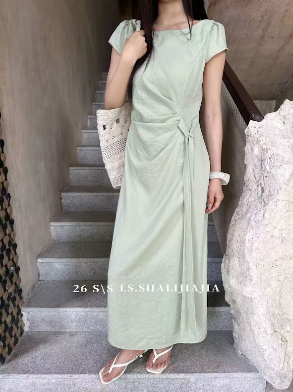 Lucas - Váy cổ thuyền cộc tay dáng dài may rúm phối dây buộc lệch eo_thumbnail_10