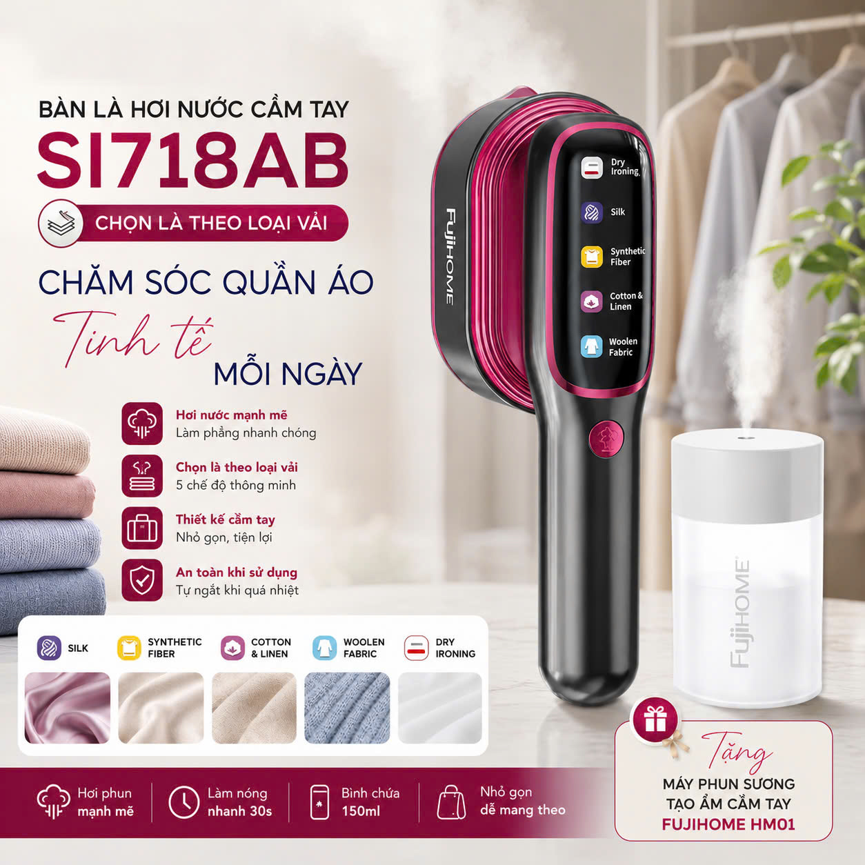 Bàn Ủi Hơi Nước Cầm Tay Fujihome SI718AB + Tặng kèm Máy phun sương tạo ẩm cầm tay Fujihome HM01