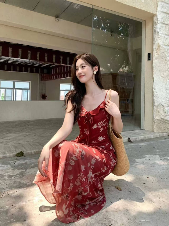 Lucas - Váy hoa 2 dây viền bèo ngực buộc nơ, viền bèo chéo dọc váy dáng dài_thumbnail_5