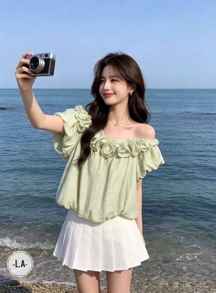 Áo Kiểu Nữ Tay Ngắn cổ nhún bèo voan bí LUH.9053 (C) (0687)_thumbnail_2