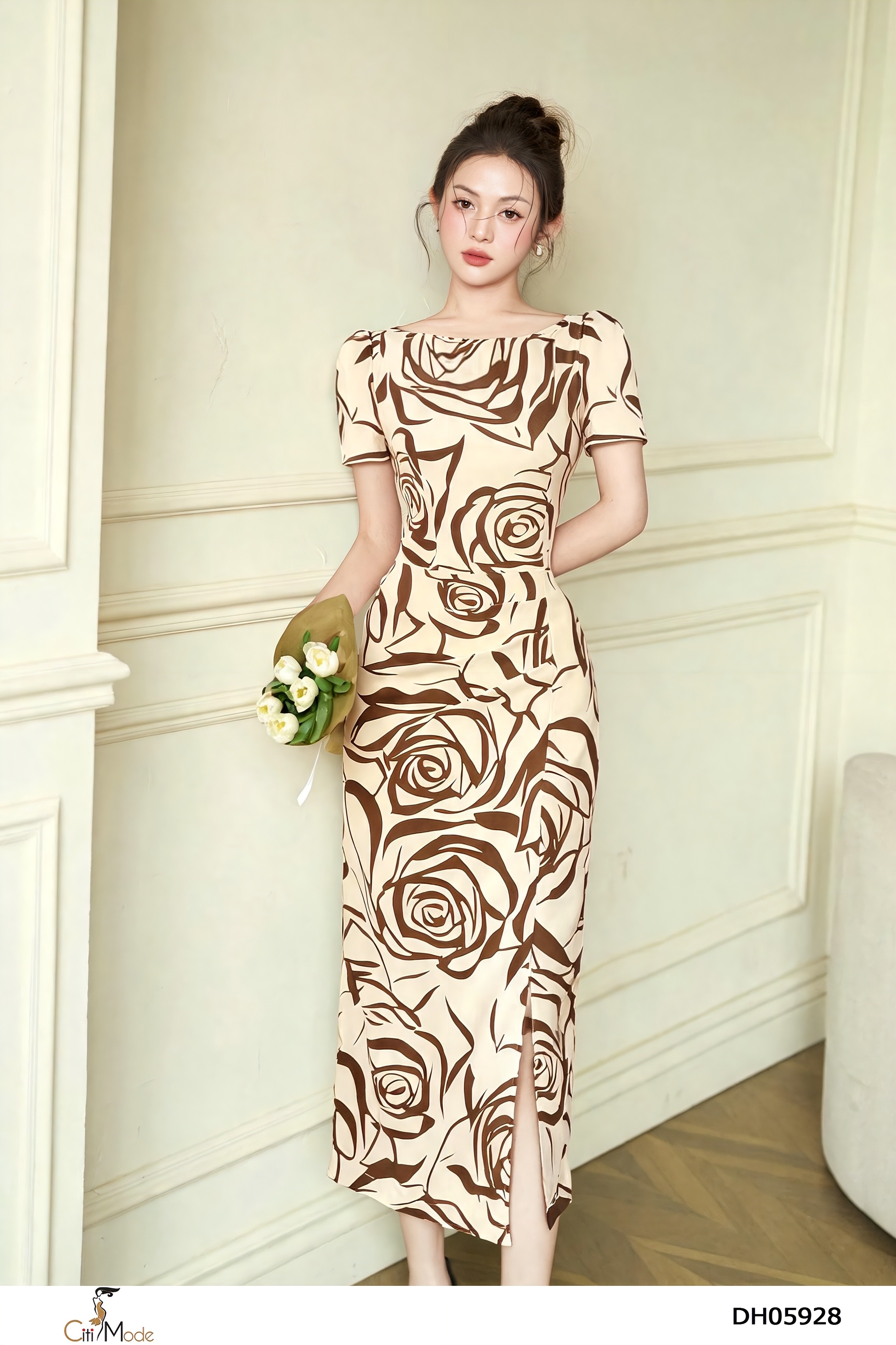 Đầm ôm hoa nâu nhún eo tay cọc