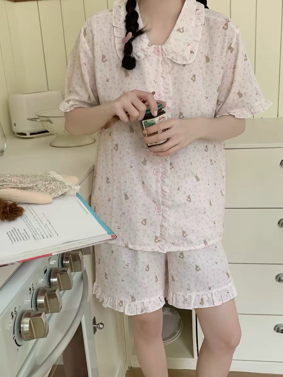 Bộ Pizama Cổ Sen Viền Bèo Xô Cotton Cộc_thumbnail_6