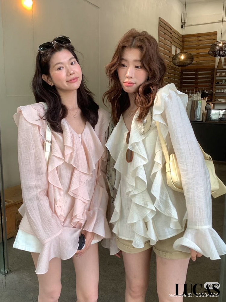 Áo sơ mi voan tơ cổ tim phối bèo lớn dọc áo cổ tay loe_thumbnail_6