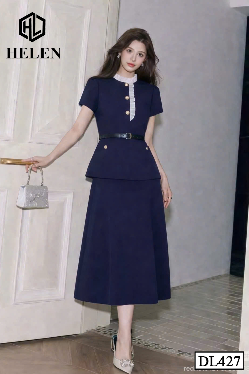 Đầm liền giả set xanh than cổ nhún trắng tay cộc DL427