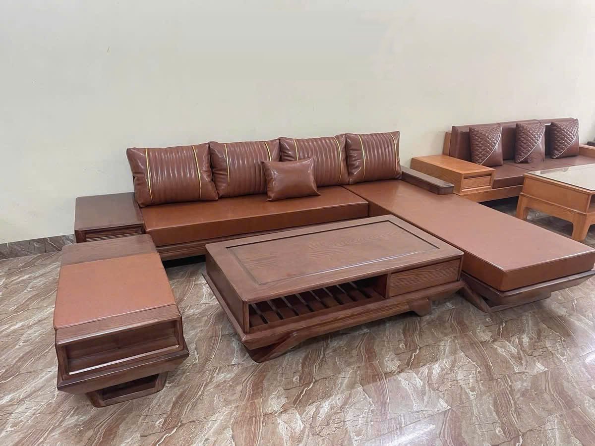 Sofa góc L chân thuyền vế trái màu đỏ đồng