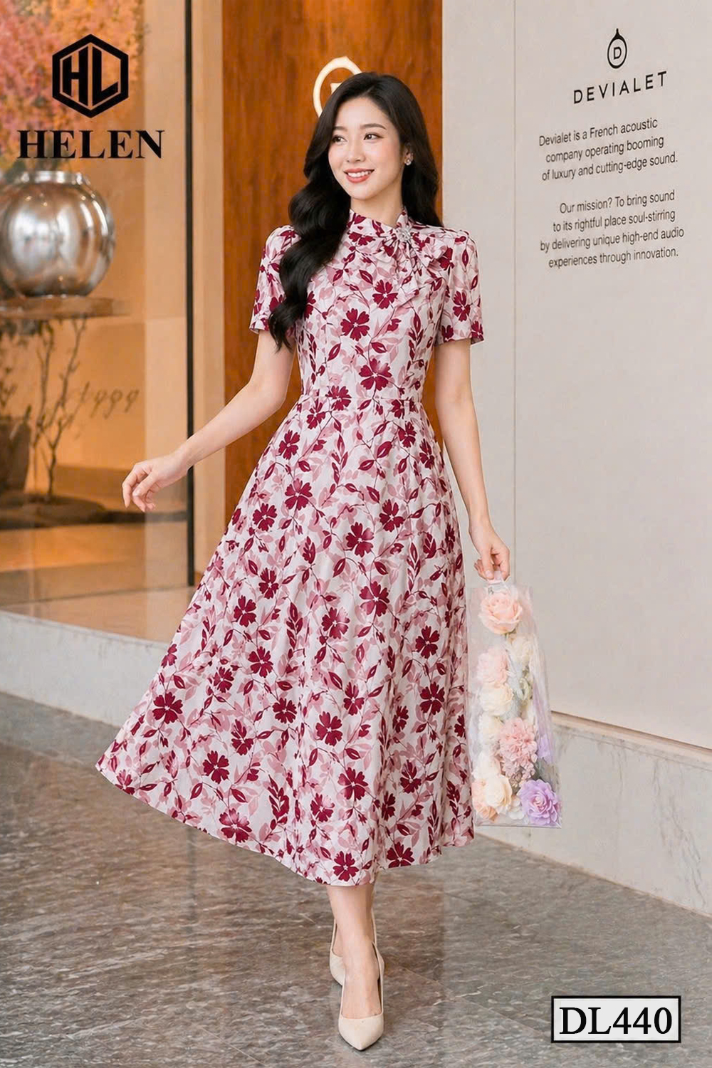 Đầm xòe hoa đỏ cổ nơ lệch tay ngắn DL440