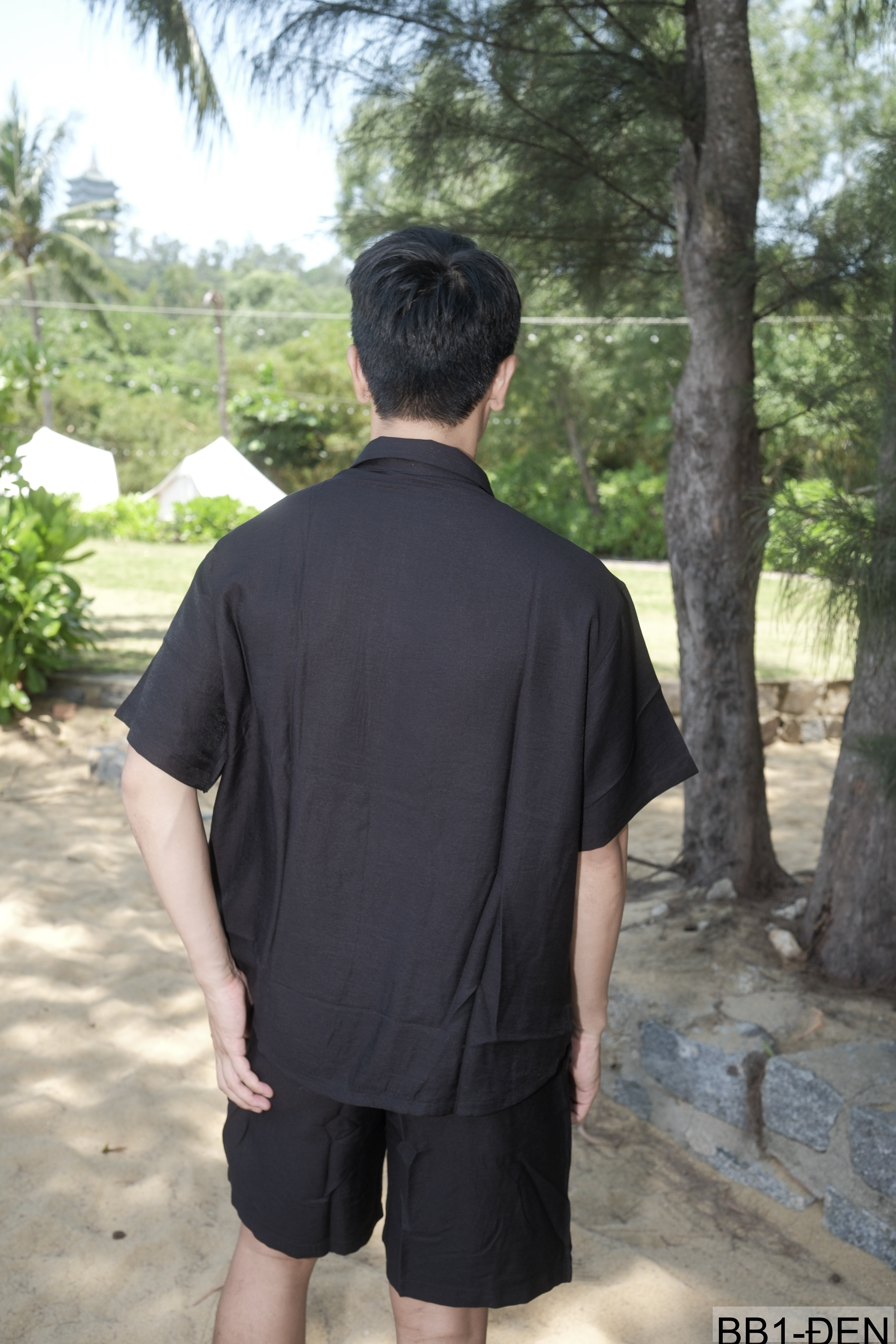 BB1 - Bộ đồ nam 2 món phong cách cực, áo sơ mi ngắn tay + quần short, chất liệu cotton thoáng mát, 3 màu Mi Trắng - Xanh Đậm - Đen_thumbnail_2
