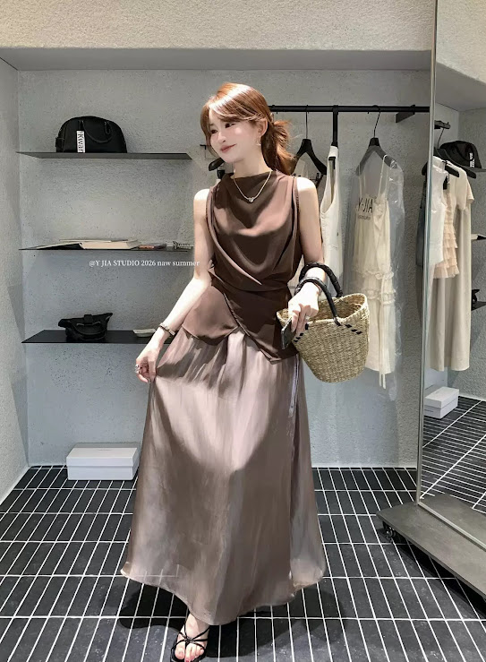 Set áo zile vạt đan + chân váy tơ dáng xòe dài YJIA_thumbnail_1