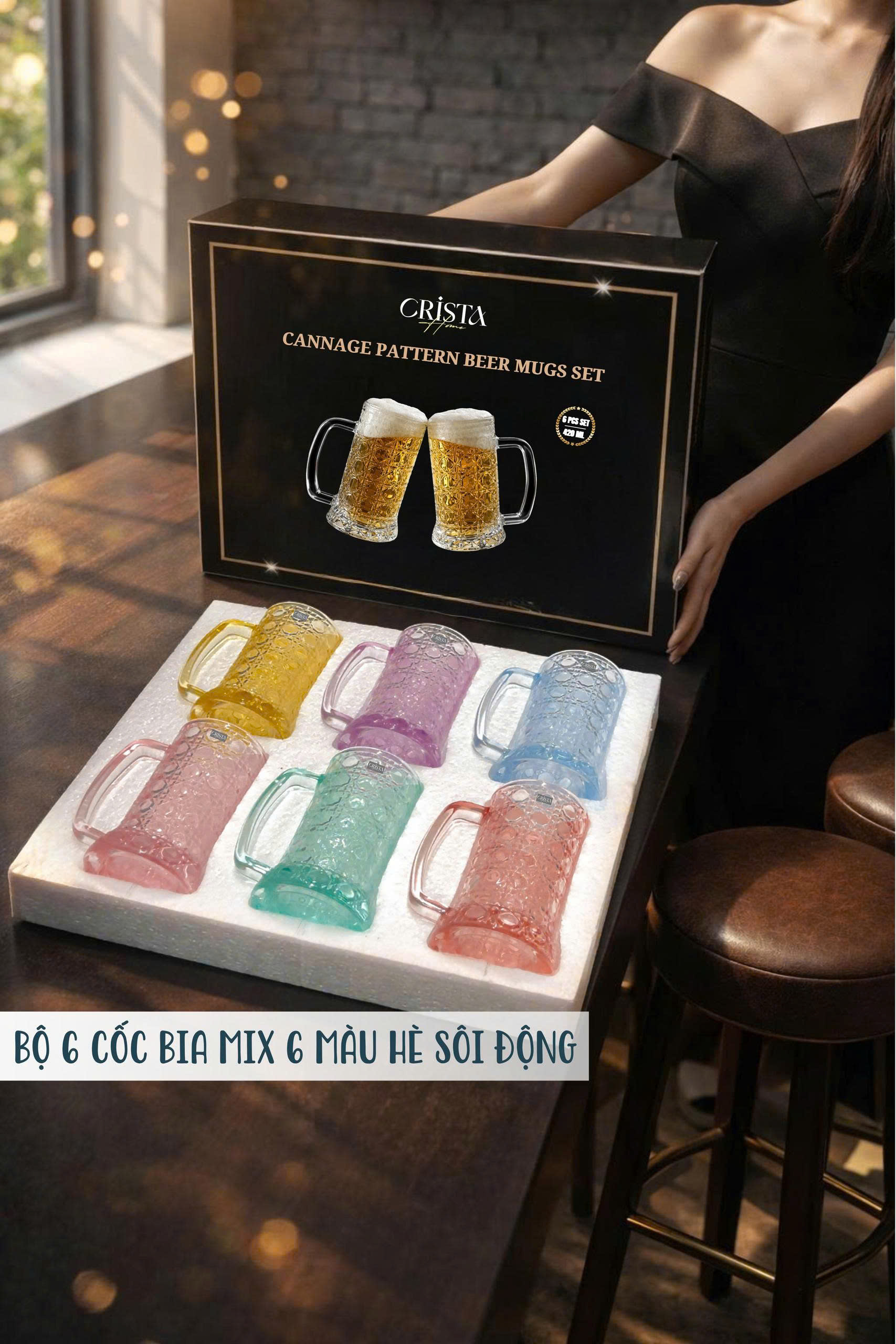 Bộ 6 cốc bia thủy tinh vân pha lê nổi có quai 420ml Crista Home_thumbnail_8