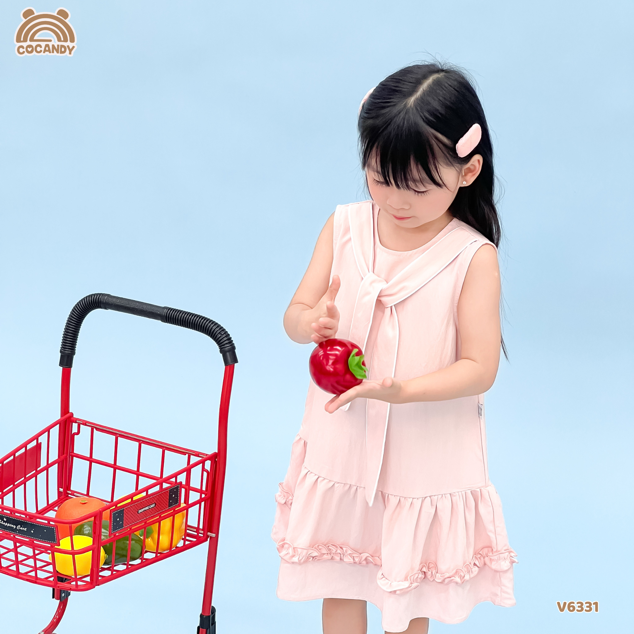 Váy sát nách HỒNG khăn cổ bèo nhún