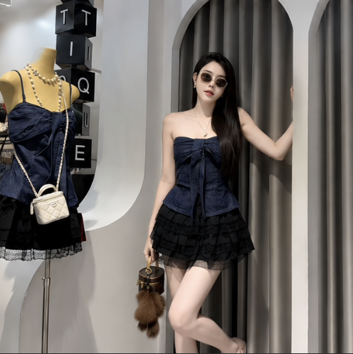 Chân Váy Ngắn Tầng Voan Ren + Áo 2 Dây Denim Nơ Ngực_thumbnail_3