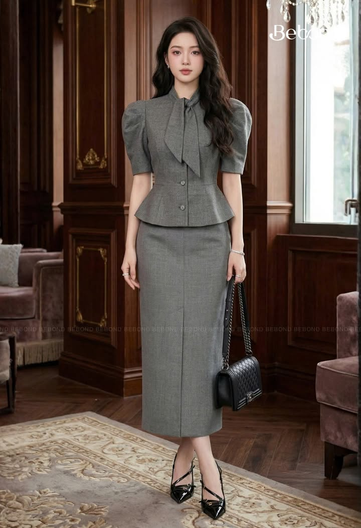 Chân váy bút chì CELIORA dài màu GHI