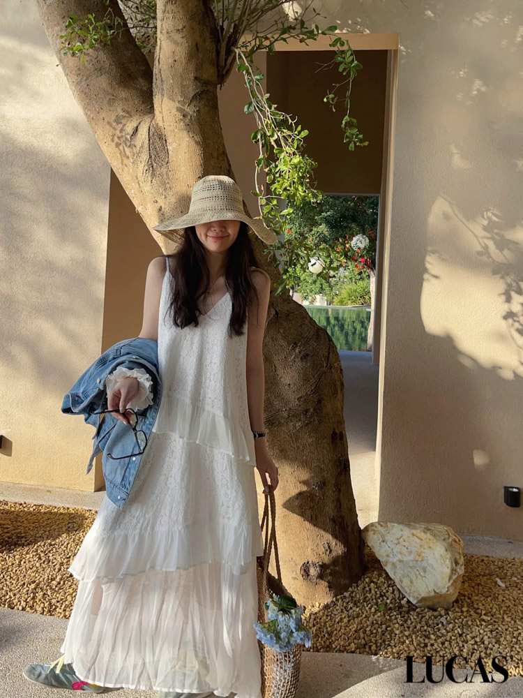 Váy 2 dây voan phối viền bèo lệch maxi