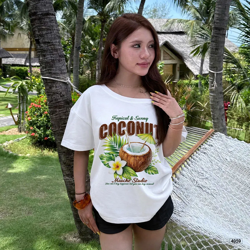 Áo thun lệch vai nữ form rộng Tropical vibe Miucho 4059_thumbnail_3