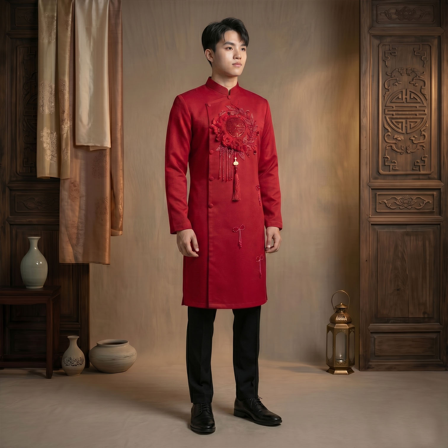 Áo Dài Cặp Cô Dâu Chú Rể Cưới Hỏi - Màu Đỏ Sang Trọng CH26-02_thumbnail_4