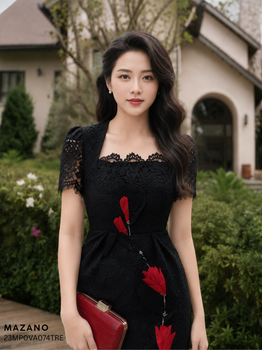 Váy Đầm Ôm Vải ren Cổ cách điệu Đính hoa thủ công Tay ngắn Dài trên bắp chân_thumbnail_2