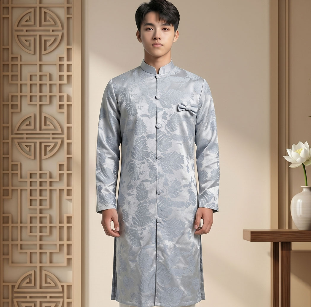 Áo Dài Nam Gấm Châu Sa Cao Cấp Xanh Bạc - Họa Tiết Mới Lạ Trẻ Trung NA26-15_thumbnail_4
