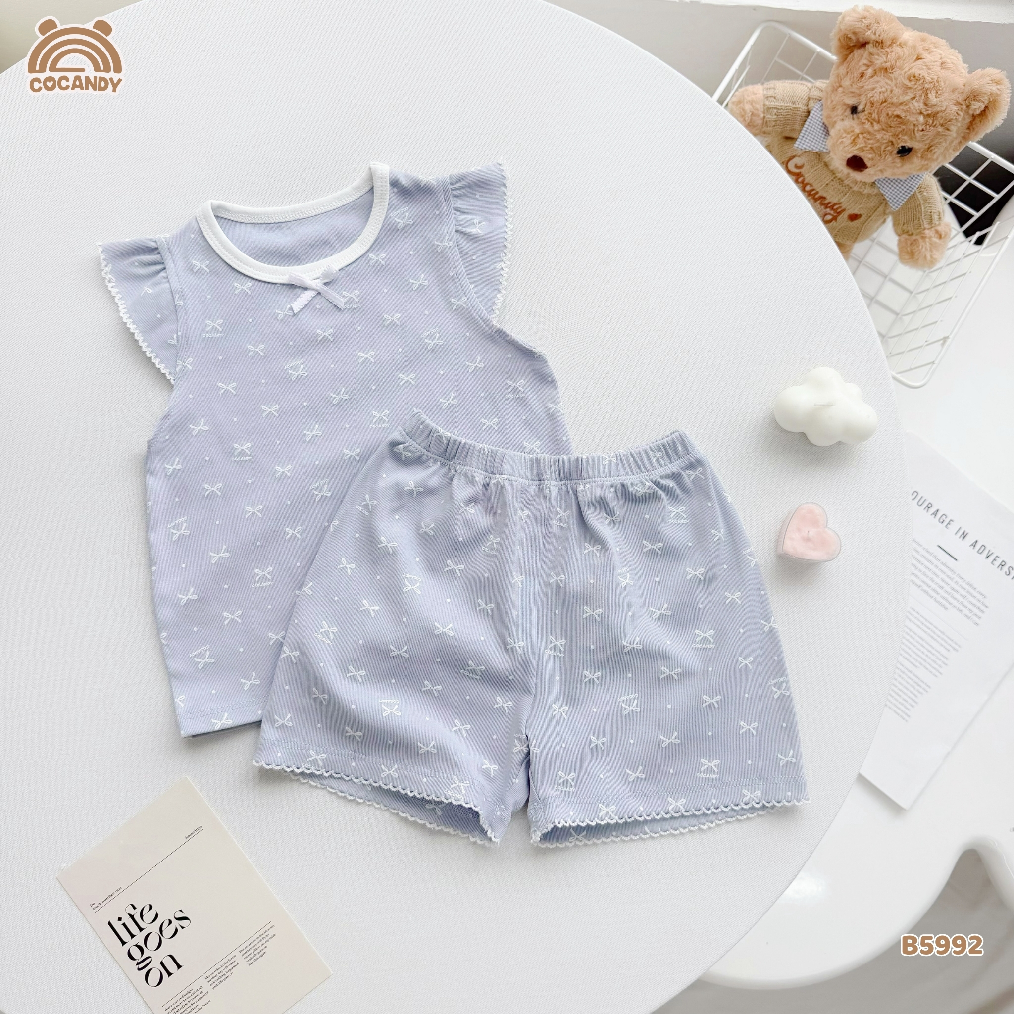 Bộ cộc thun XANH cánh tiên hình gấu nơ tim trắng