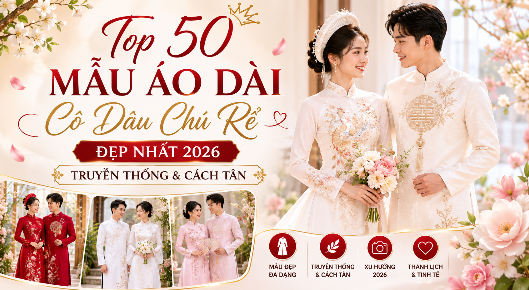 Khám phá top 50 mẫu áo dài cô dâu chú rể đẹp 2026 dẫn đầu xu hướng. Phân tích chi tiết từ cấu trúc truyền thống đến thiết kế cách tân, giúp cặp đôi tỏa sáng trong lễ gia tiên.