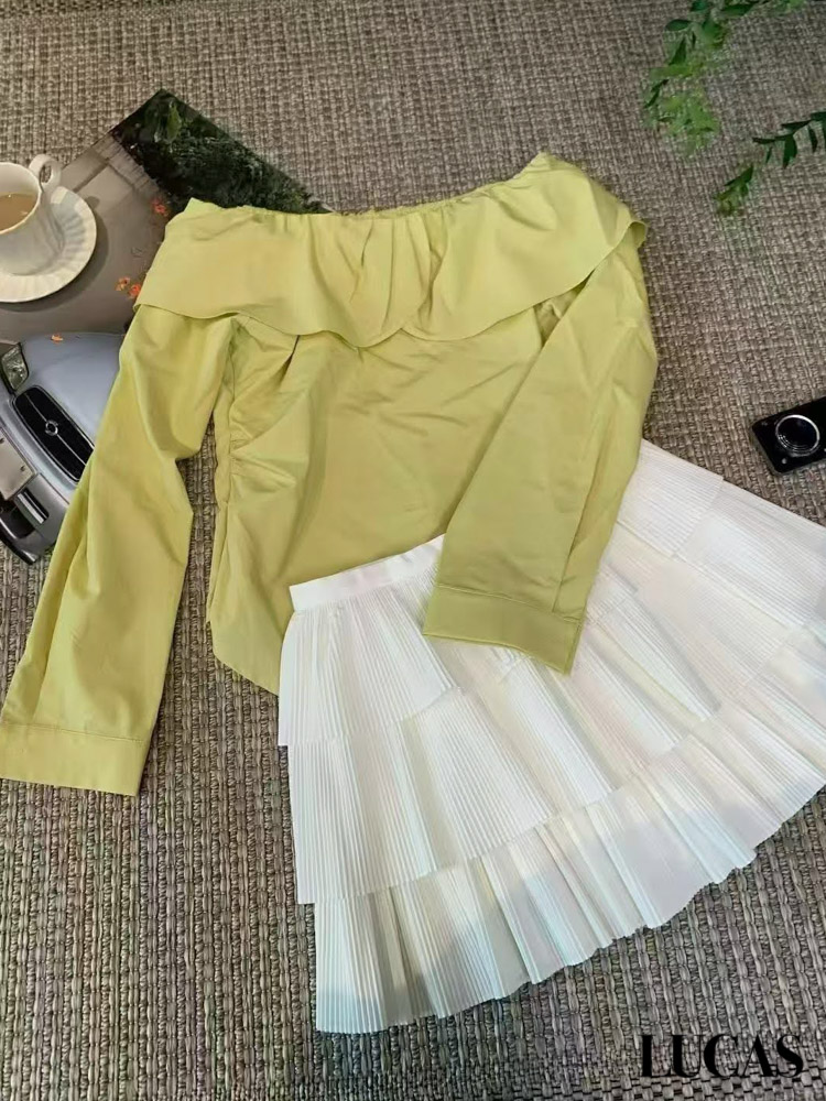 Áo sơ mi trễ vai bèo cổ đan xếp ly gấu vạt chéo dài tay_thumbnail_2