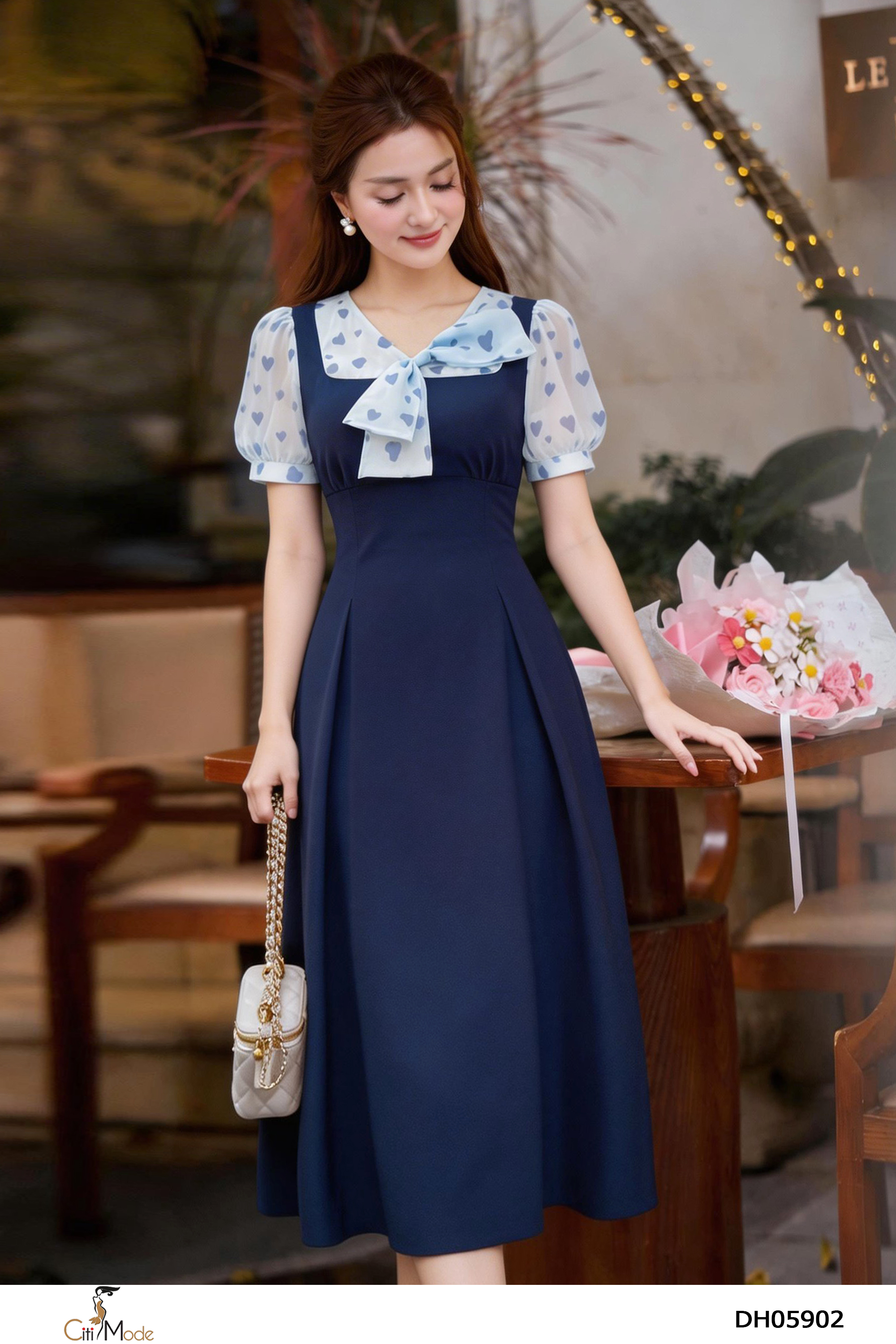 Đầm xòe tím than phối tơ cổ nơ cách điệu tay cọc_thumbnail_2