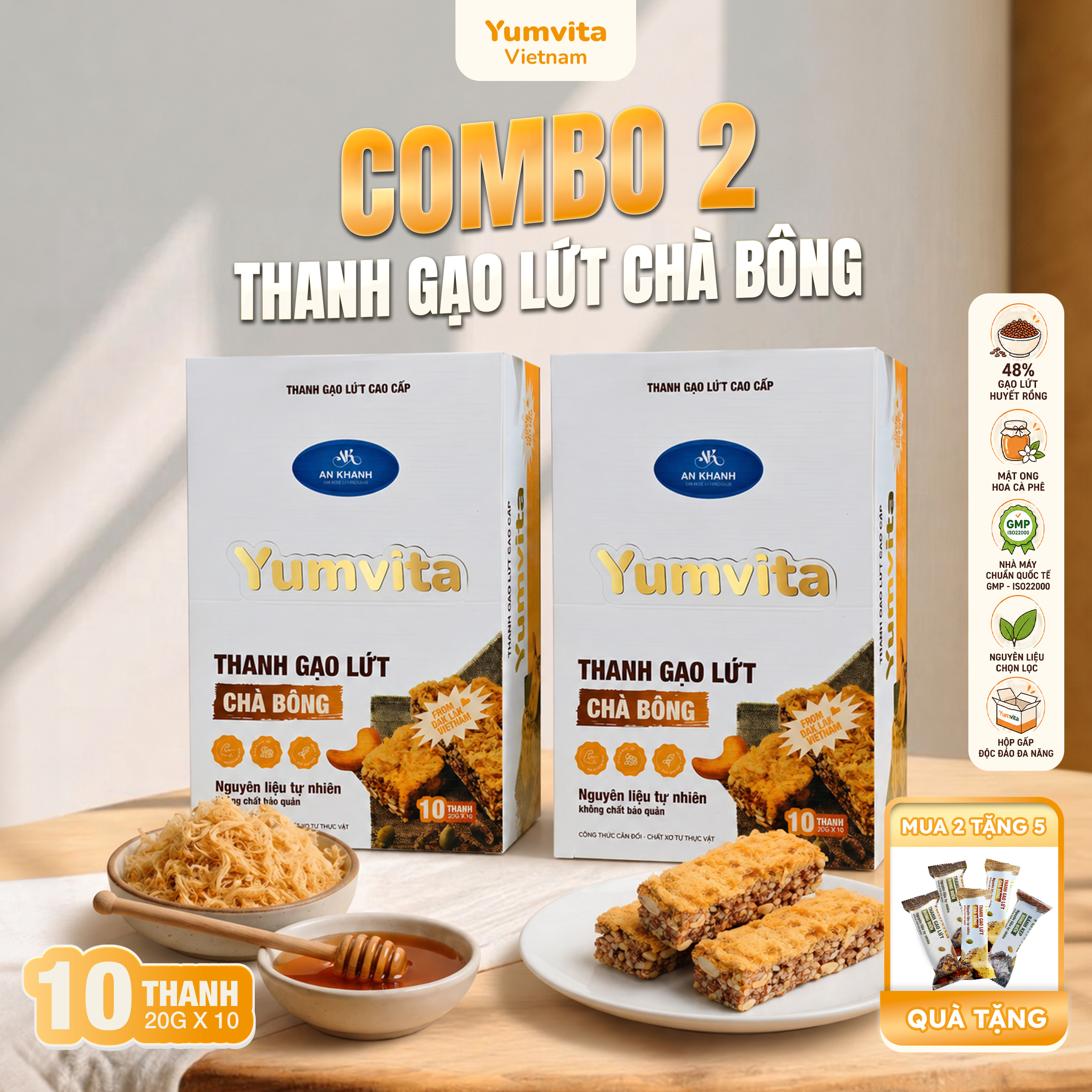 [COMBO 2 HỘP] Thanh Gạo Lứt Vị Chà Bông Yumvita - 2 Hộp 10 Thanh 200g Ăn Vặt Dinh Dưỡng Healthy