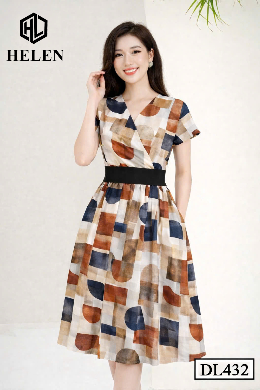 Đầm xòe họa tiết khối nâu phối đai đen DL432