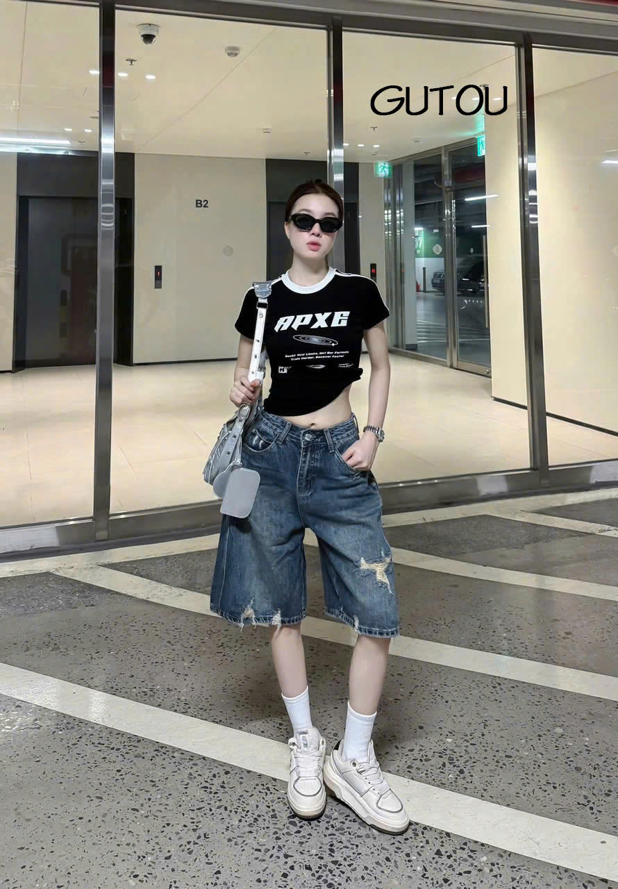 [ GUTOU ] Quần Jean Lửng Wash Rách Flap Pocket