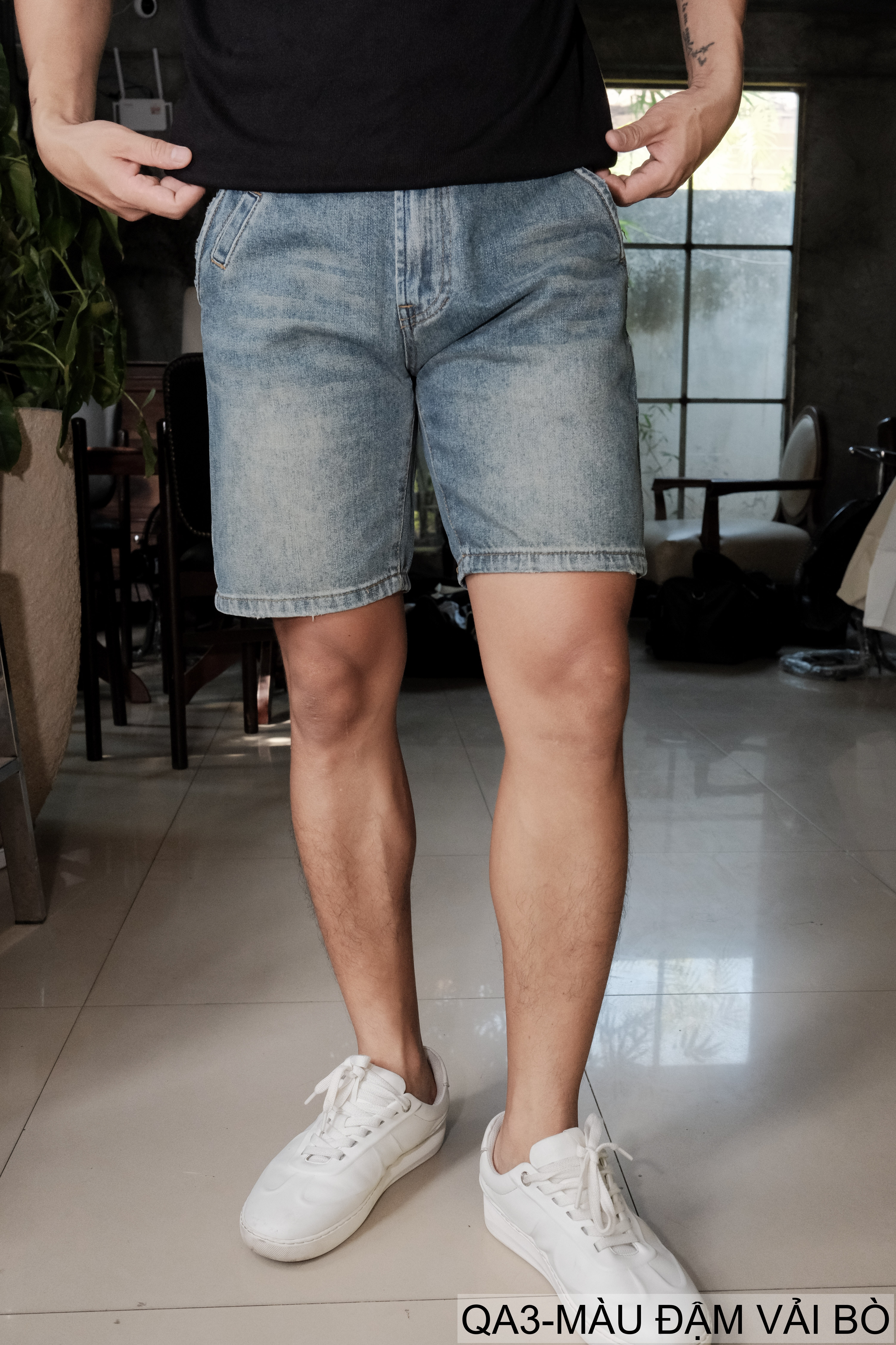 QA3 - Quần short jeans nam ống đứng phong cách Hàn Quốc, màu đậm vải bò, thiết kế túi chèn chéo thời thượng