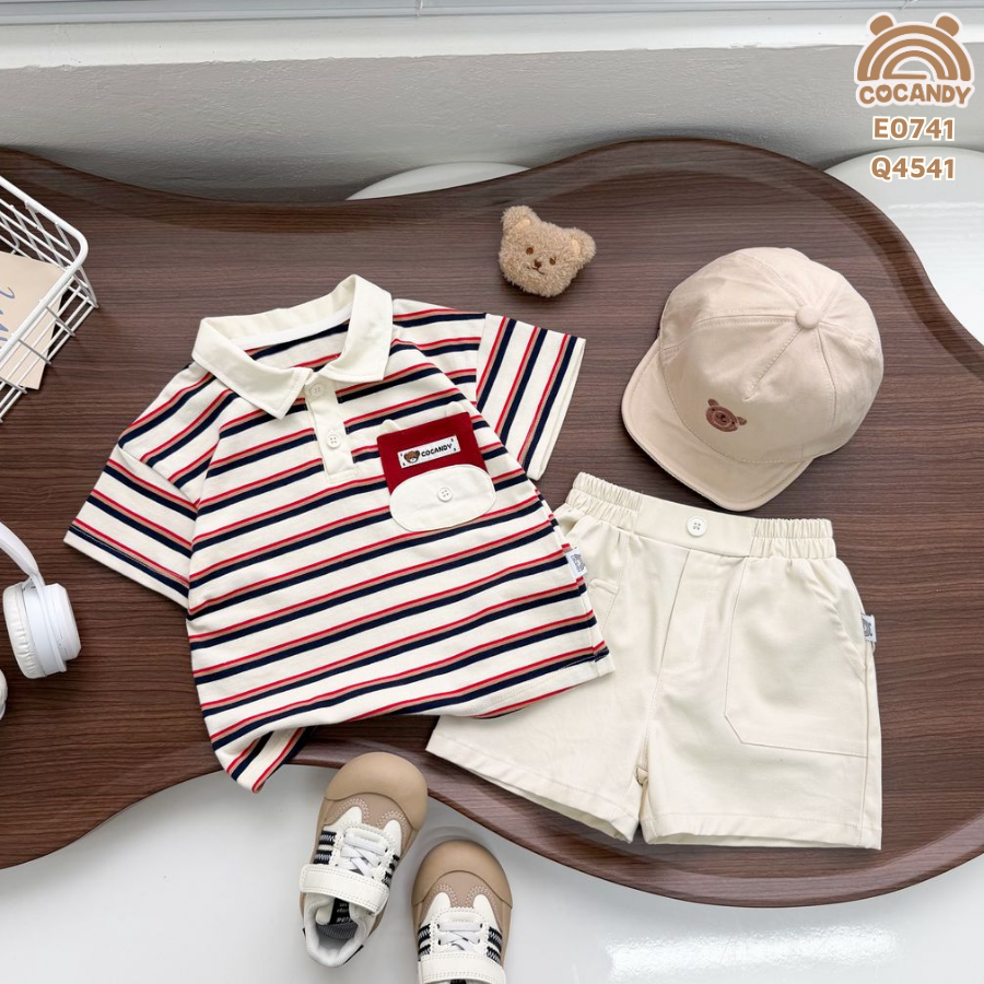Áo cộc polo  kẻ ĐỎ BE túi gấu_thumbnail_1