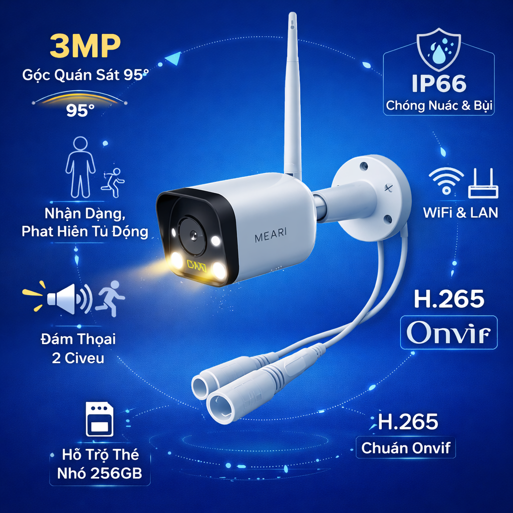 Camera wifi cố định ngoài trời 3MP, hỗ trợ khe cắm thẻ nhớ tới 512GB