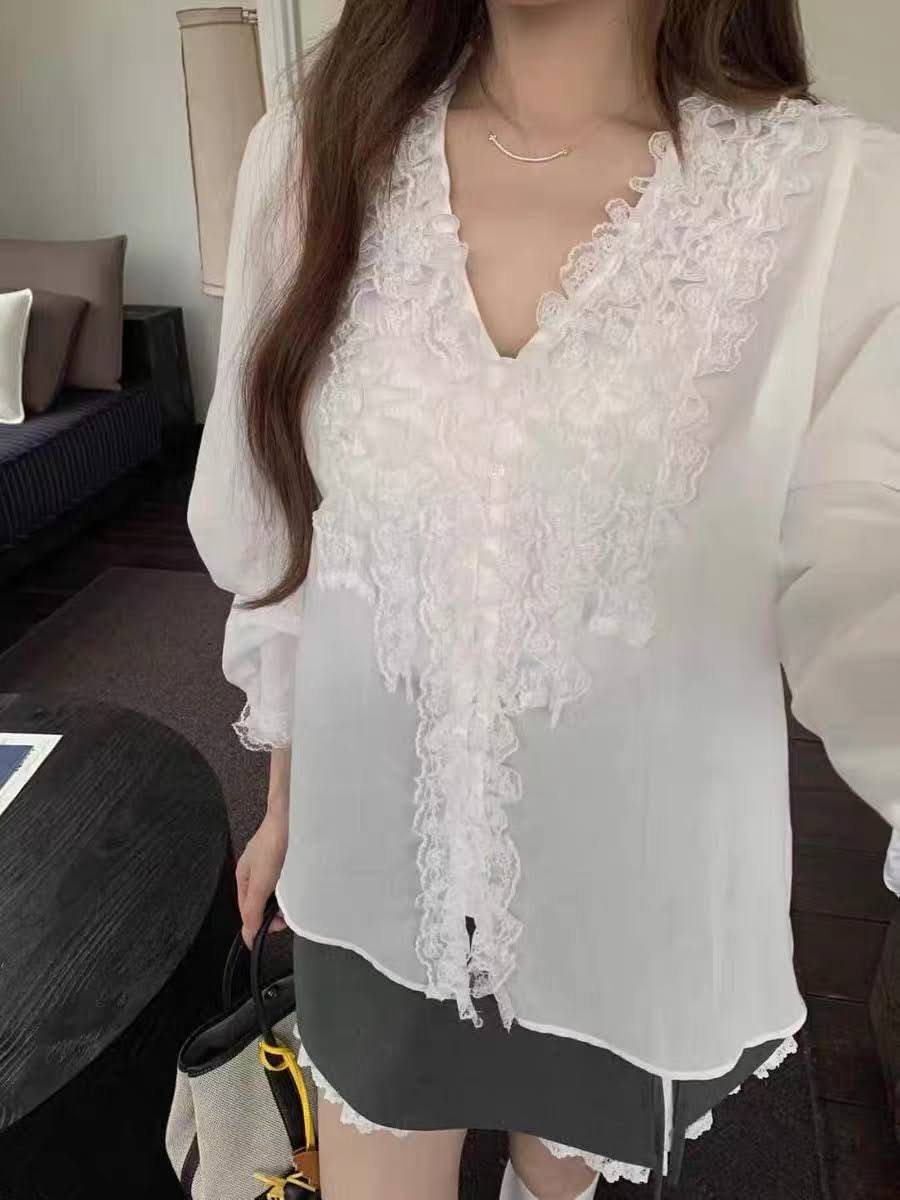 Áo sơ mi voan tơ cổ tim phối nhún dọc áo 2 bên cổ cài cúc CURE_thumbnail_3