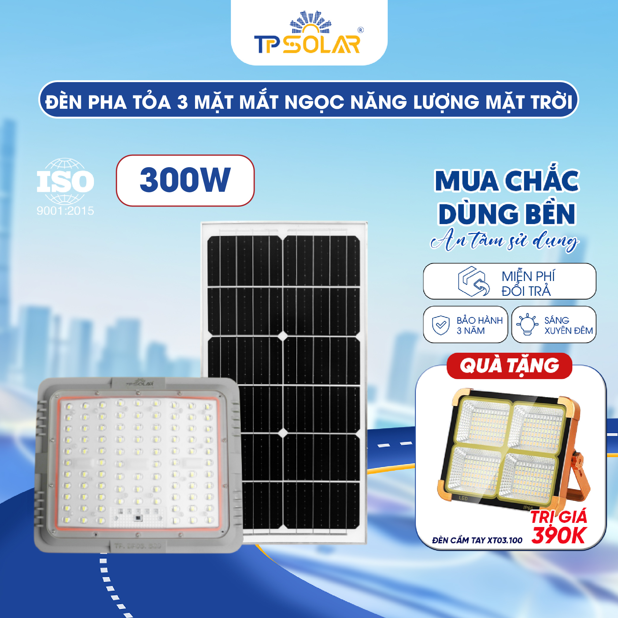 Đèn pha tỏa 3 mặt mắt ngọc năng lượng mặt trời