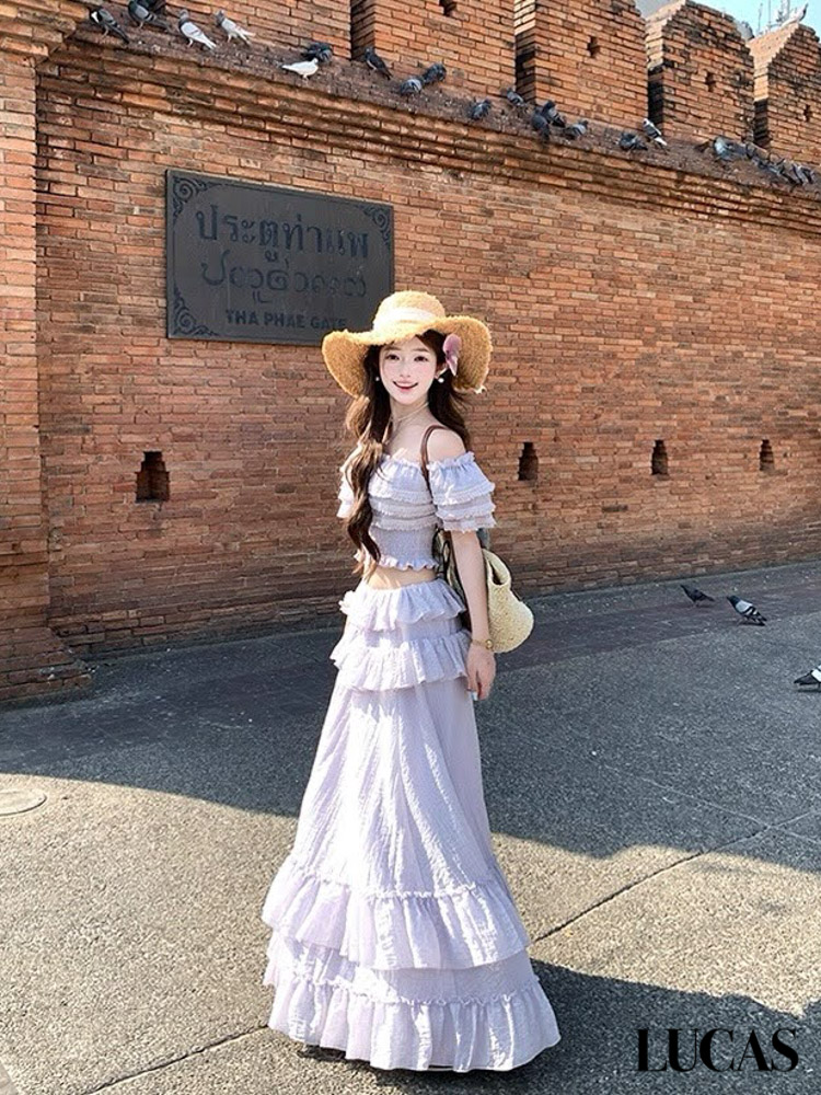 Set áo trễ vai voan tầng chun eo + Chân váy maxi xòe tầng