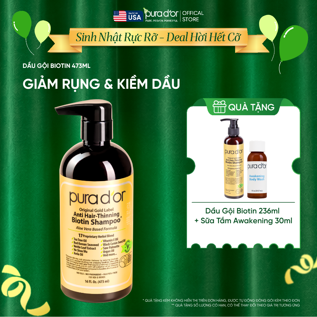Dầu Gội Biotin Pura D'or Original Gold Label Chăm Sóc Da Đầu, Giảm Rụng Tóc, Hỗ Trợ Mọc Tóc 473ml