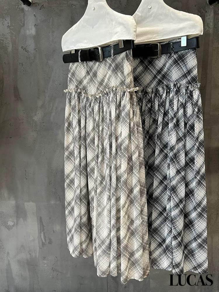 Chân váy xòe hạ eo caro voan + belt da đen_thumbnail_7