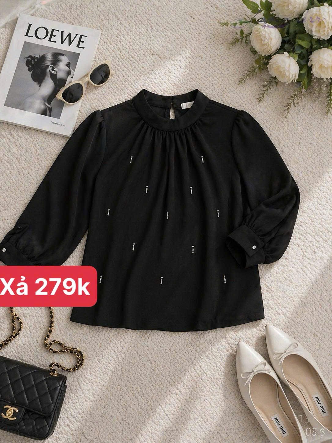 Sơ mi cổ trụ đính đá tay lỡ dài A4136